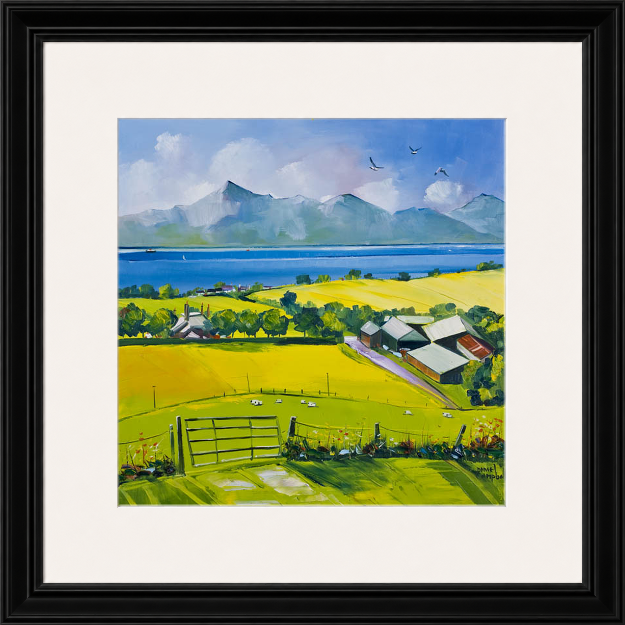 Arran View by Daniel Campbell framed wall art print showing a calm coastal view towards Arran beneath a spacious sky