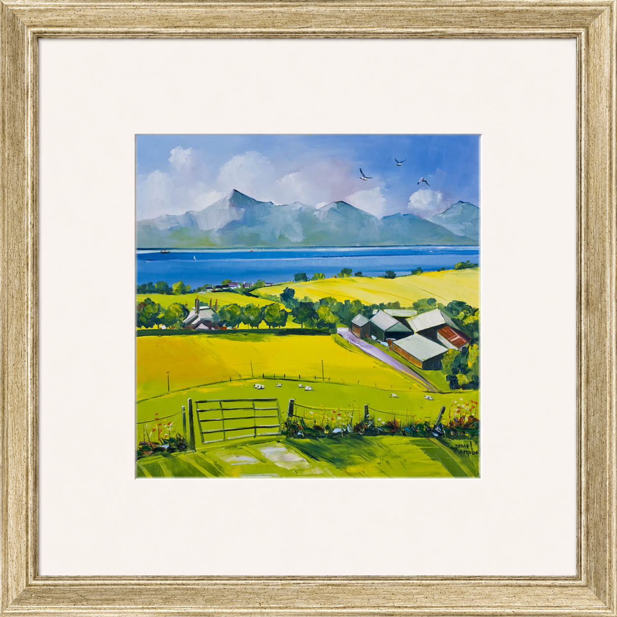 Arran View by Daniel Campbell framed wall art print showing a calm coastal view towards Arran beneath a spacious sky