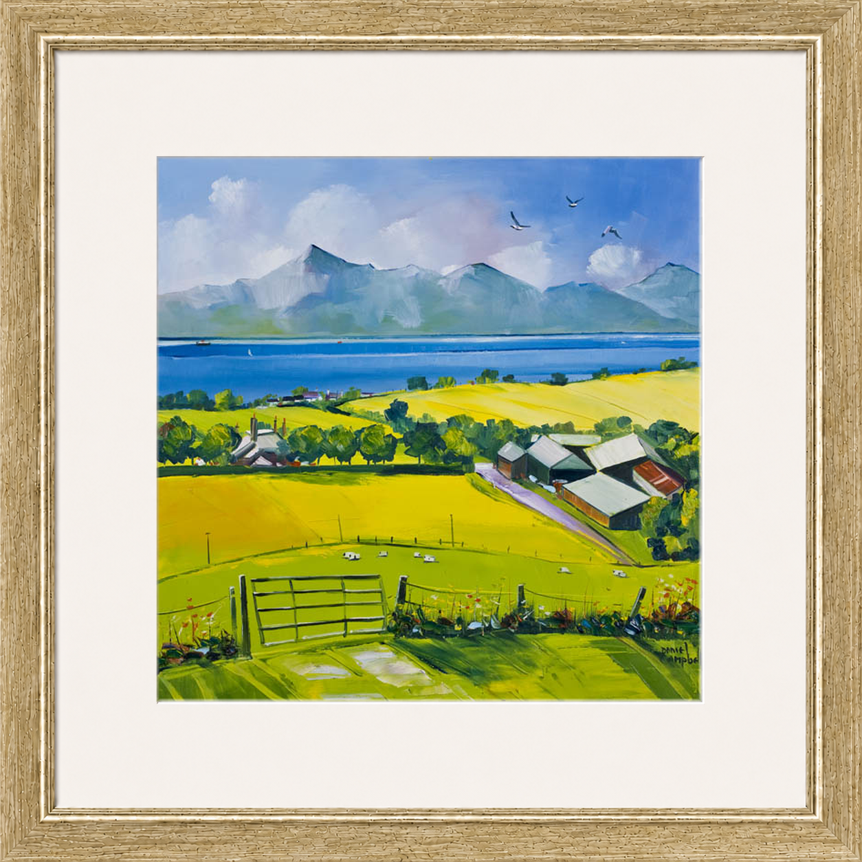 Arran View by Daniel Campbell framed wall art print showing a calm coastal view towards Arran beneath a spacious sky