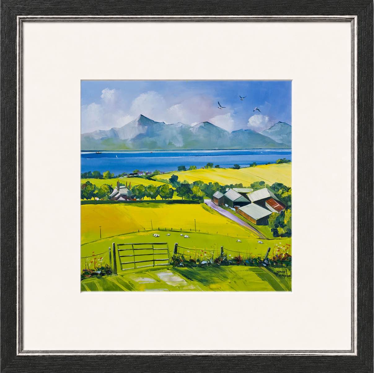 Arran View by Daniel Campbell framed wall art print showing a calm coastal view towards Arran beneath a spacious sky