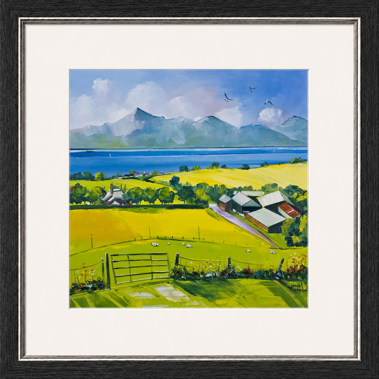 Arran View by Daniel Campbell framed wall art print showing a calm coastal view towards Arran beneath a spacious sky