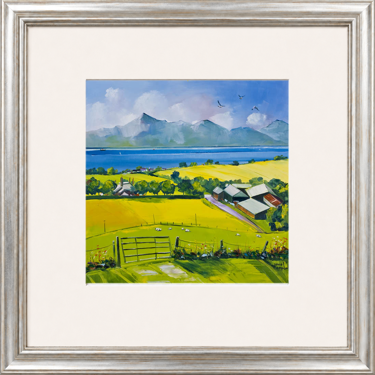 Arran View by Daniel Campbell framed wall art print showing a calm coastal view towards Arran beneath a spacious sky