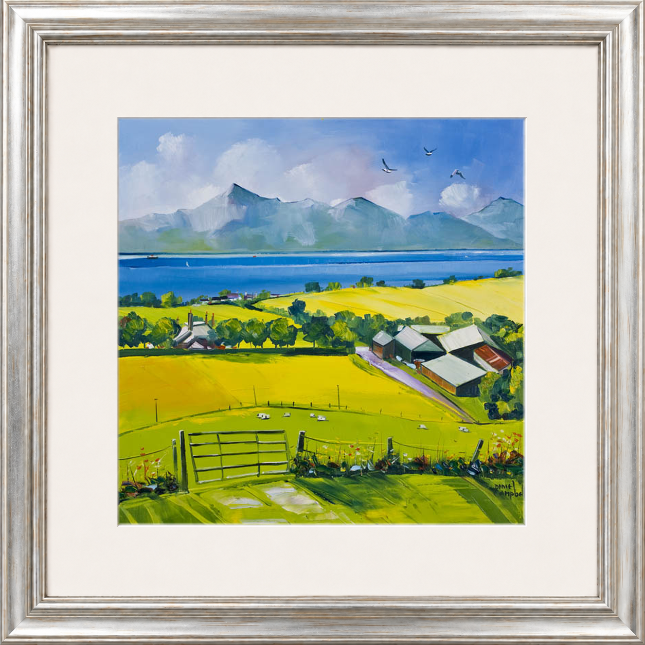Arran View by Daniel Campbell framed wall art print showing a calm coastal view towards Arran beneath a spacious sky