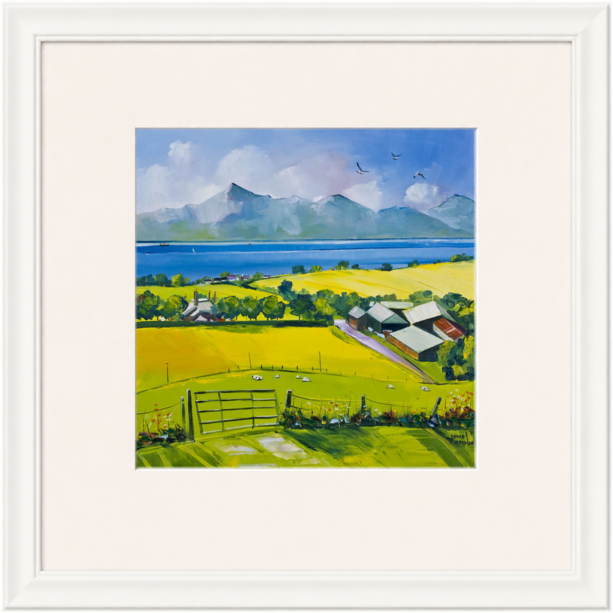 Arran View by Daniel Campbell framed wall art print showing a calm coastal view towards Arran beneath a spacious sky