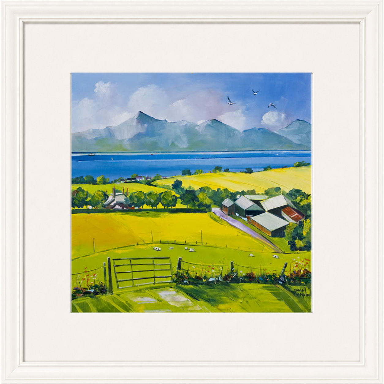 Arran View by Daniel Campbell framed wall art print showing a calm coastal view towards Arran beneath a spacious sky