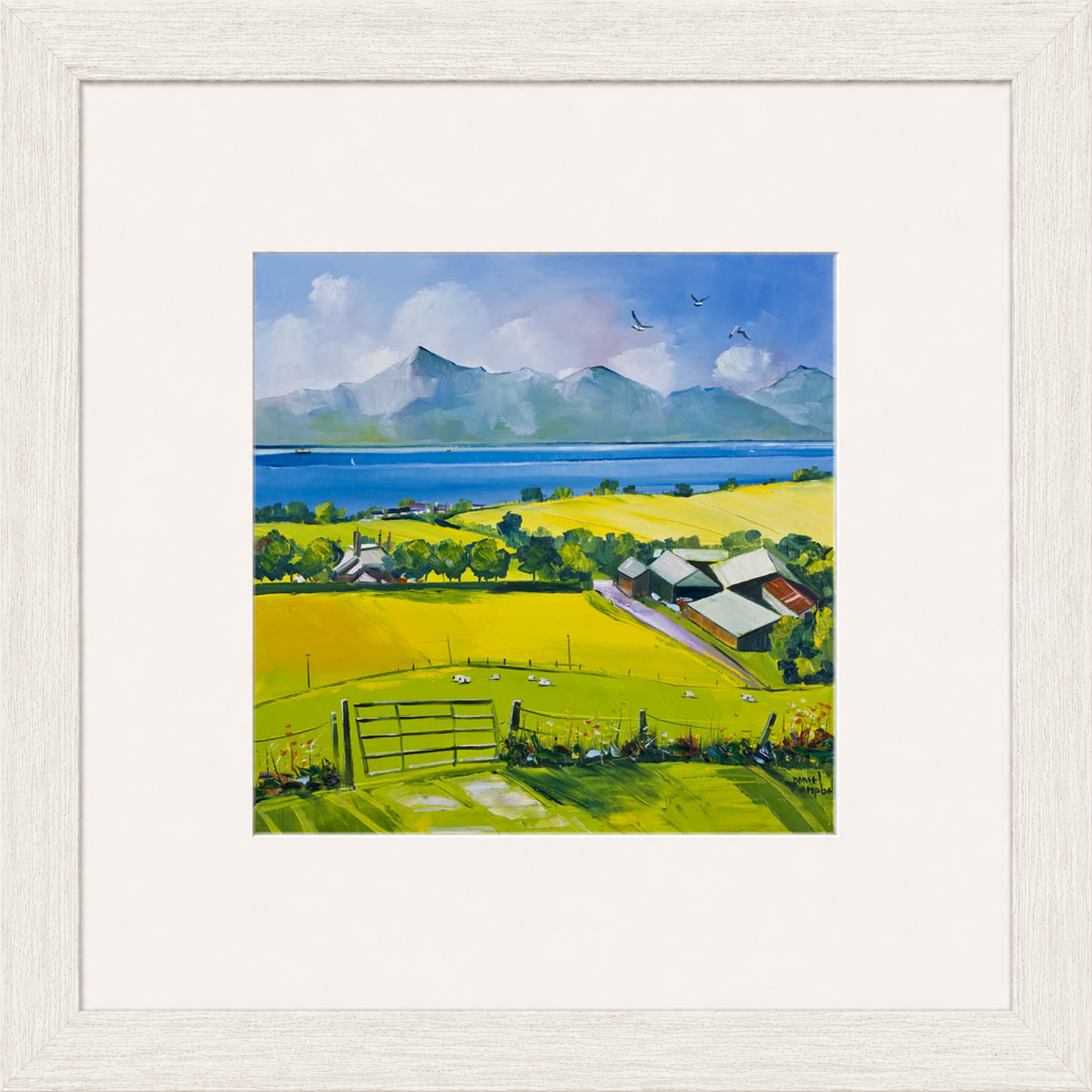 Arran View by Daniel Campbell framed wall art print showing a calm coastal view towards Arran beneath a spacious sky