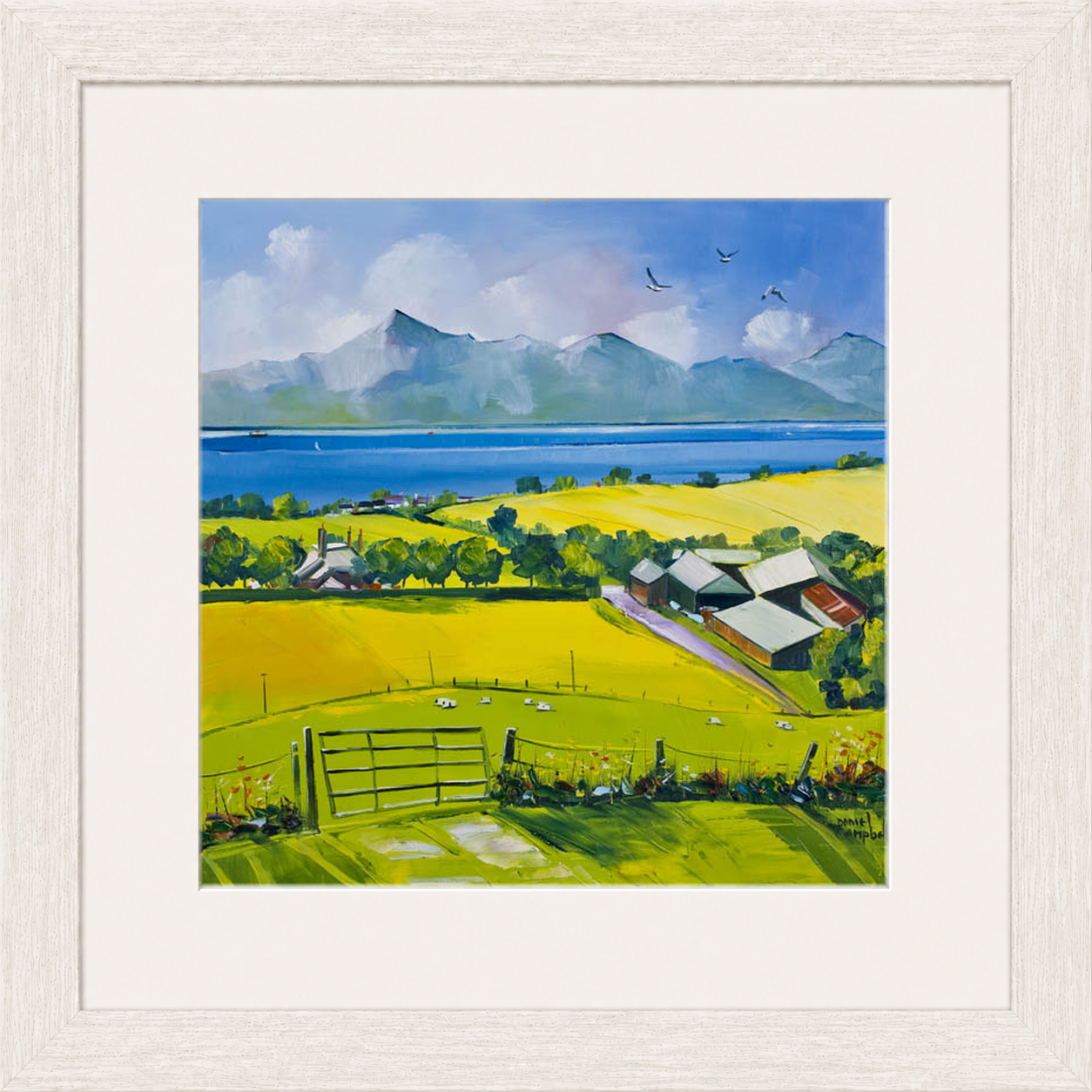 Arran View by Daniel Campbell framed wall art print showing a calm coastal view towards Arran beneath a spacious sky
