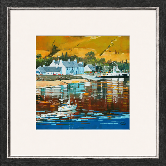 Arriving at Ardnamurchan by Daniel Campbell framed wall art print showing a coastal arrival at Ardnamurchan across blue water