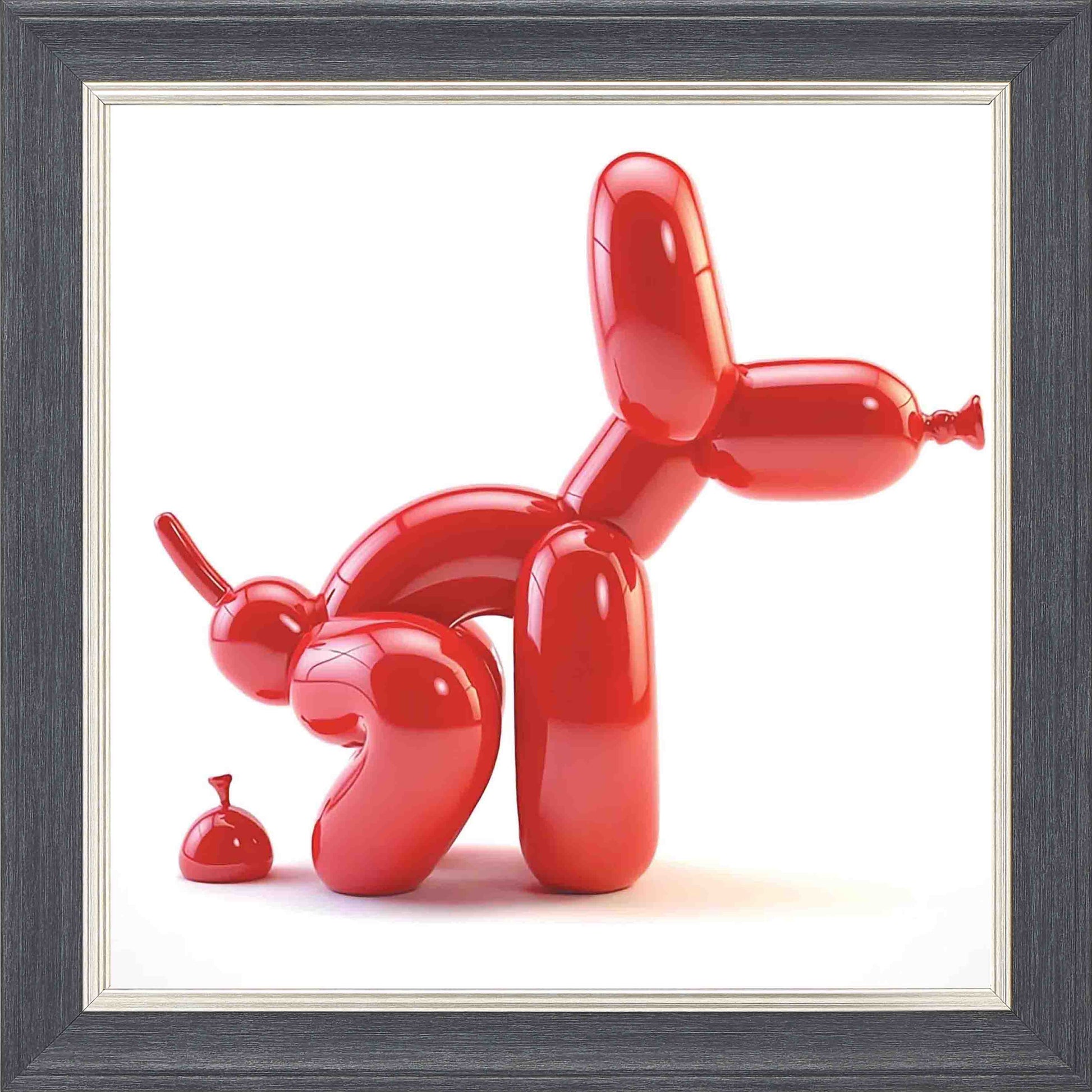 Balloon Dog Red Framed Wall Art - Grey with Silver Trim