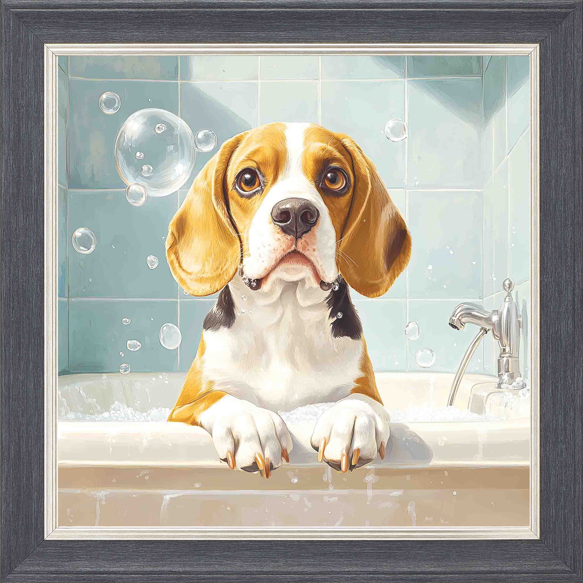 Beagle In Bath Framed Wall Art - Grey with Silver Trim