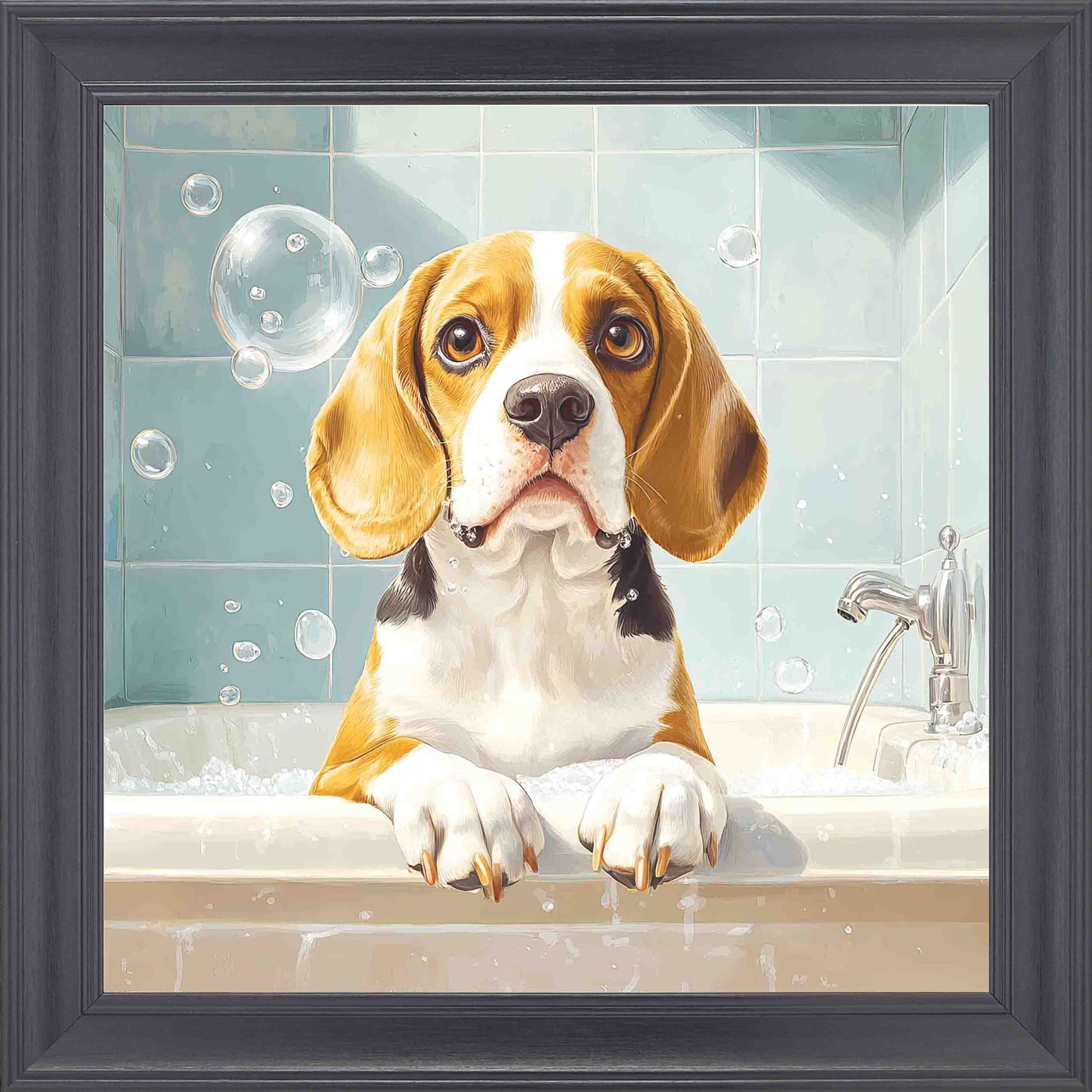 Beagle In Bath Framed Wall Art - Black