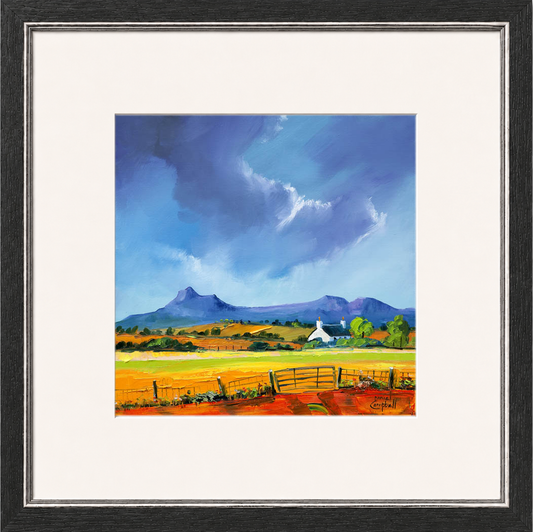 Bennachie by Daniel Campbell framed wall art print showing Bennachie rising above a Scottish landscape in natural green and blue tones