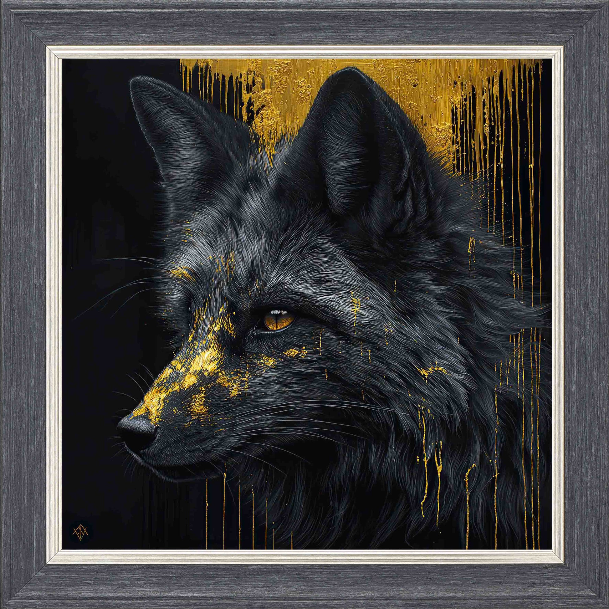 Black Fox Gold Splash Framed Wall Art - Grey with Silver Trim