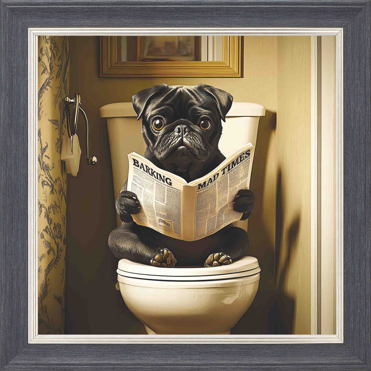 Black Pug Toilet Framed Wall Art - Grey with Silver Trim