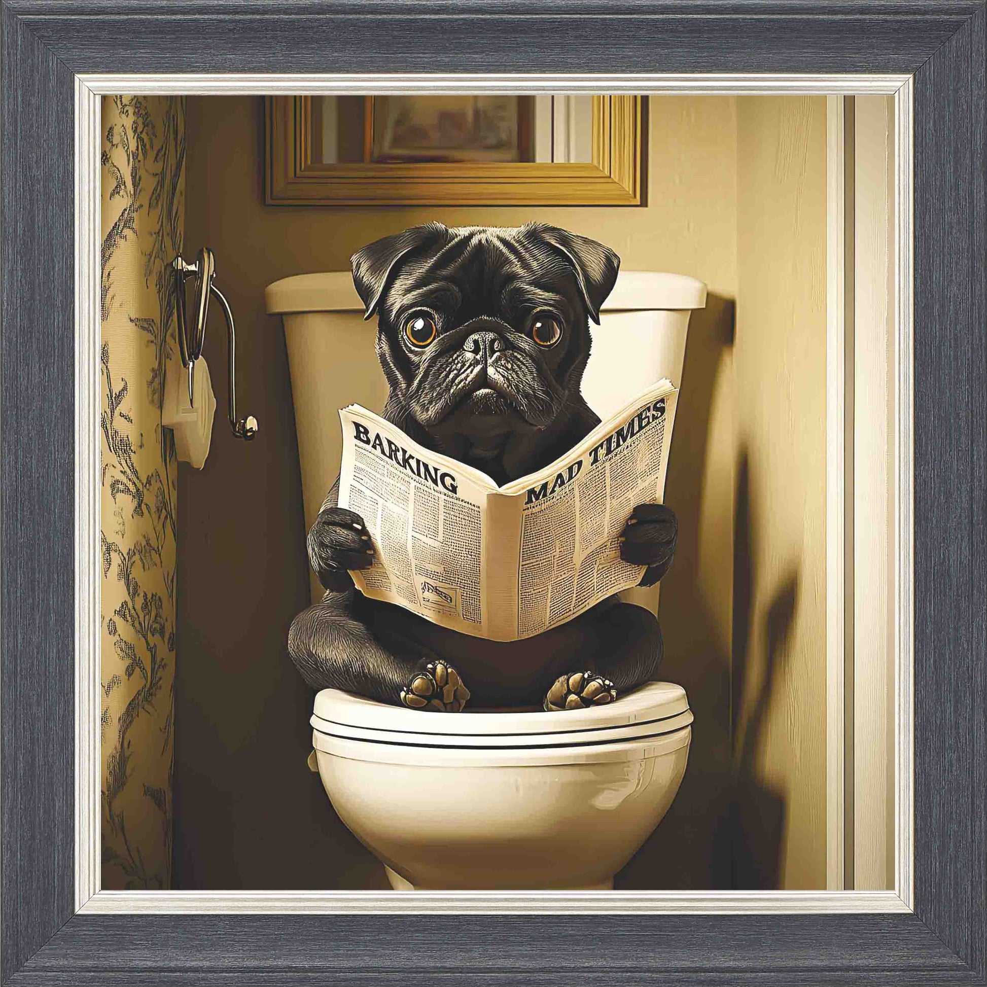Black Pug Toilet Framed Wall Art - Grey with Silver Trim