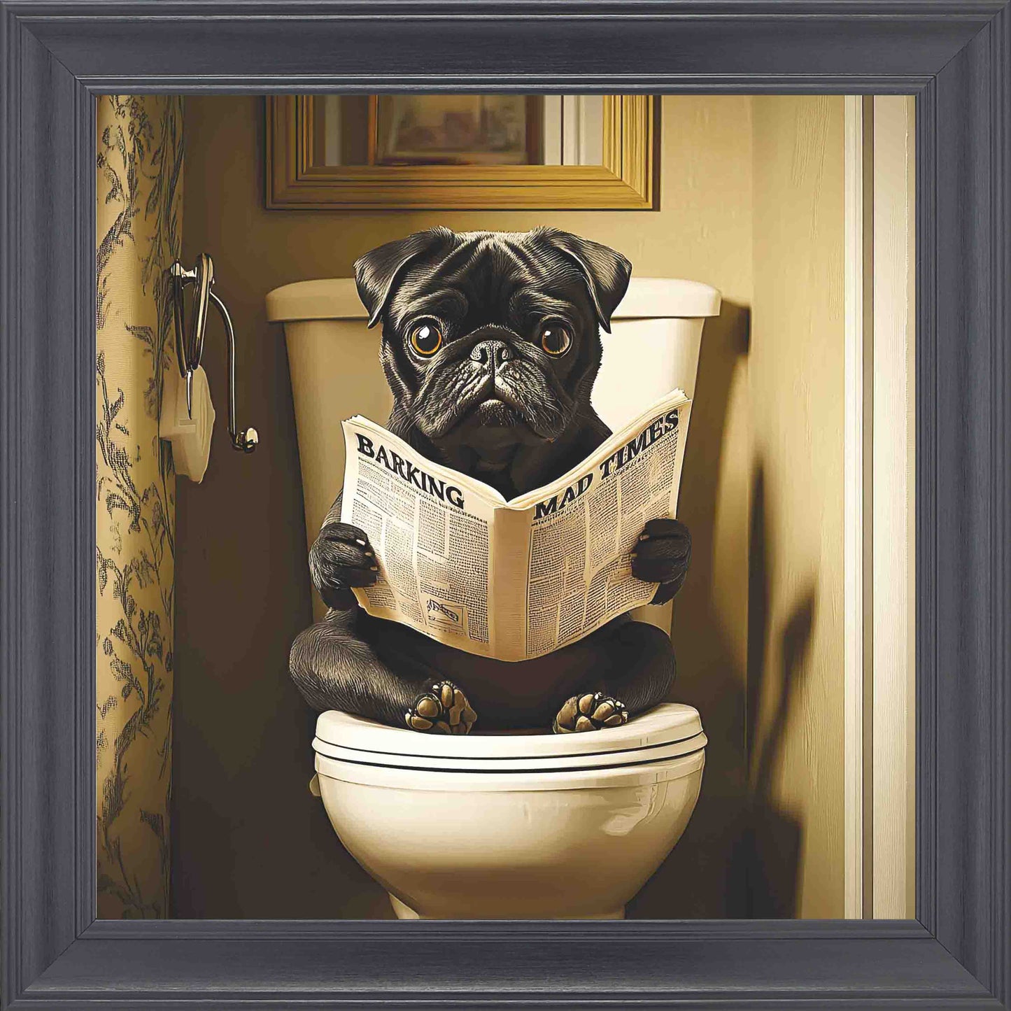 Black Pug Toilet Framed Wall Art - Black