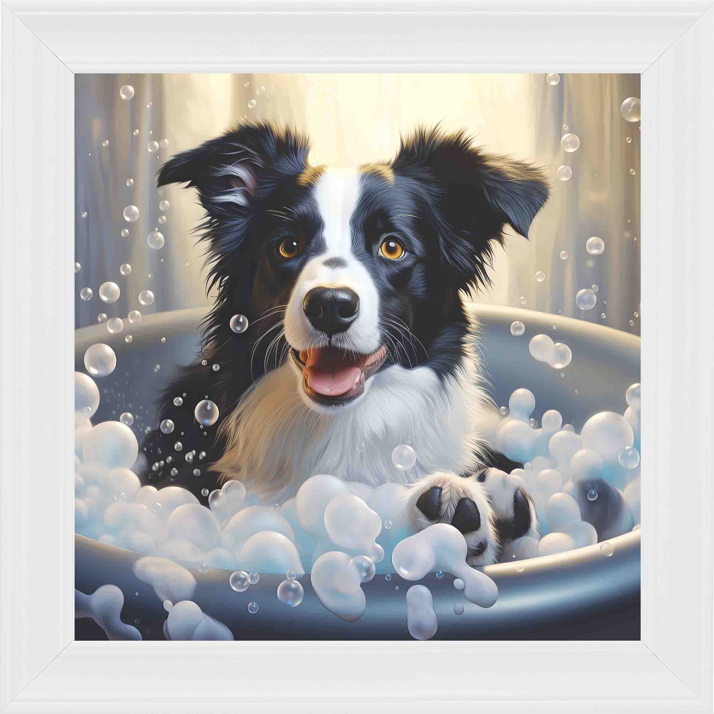 Border Collie Bubble Bath 1 Framed Wall Art - White