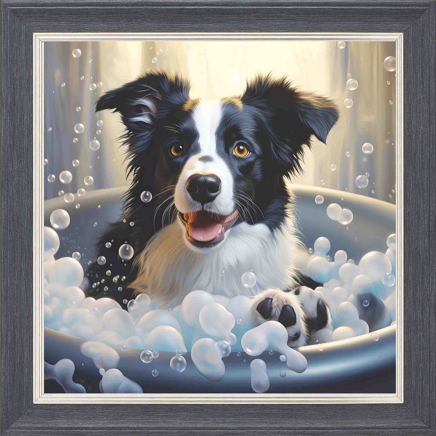 Border Collie Bubble Bath 1 Framed Wall Art - Grey with Silver Trim