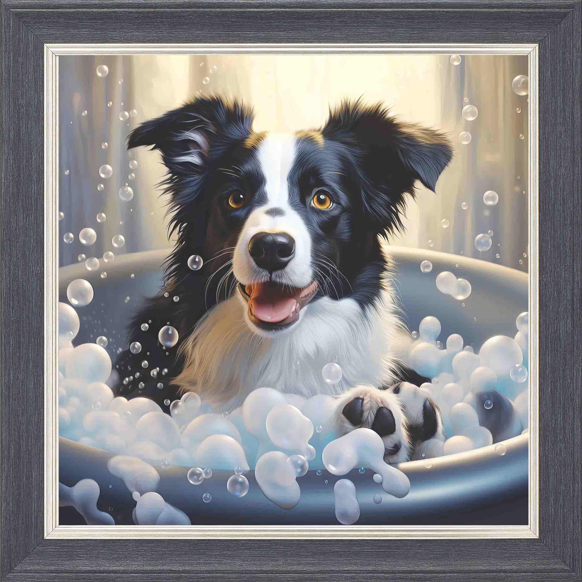 Border Collie Bubble Bath 1 Framed Wall Art - Grey with Silver Trim