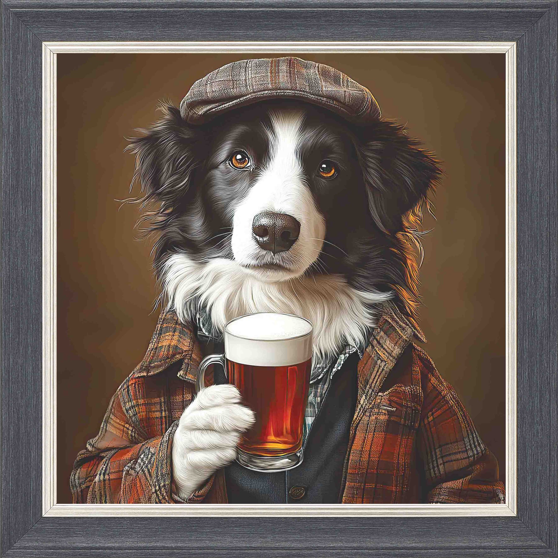 Border Collie Real Ale Framed Wall Art - Grey with Silver Trim