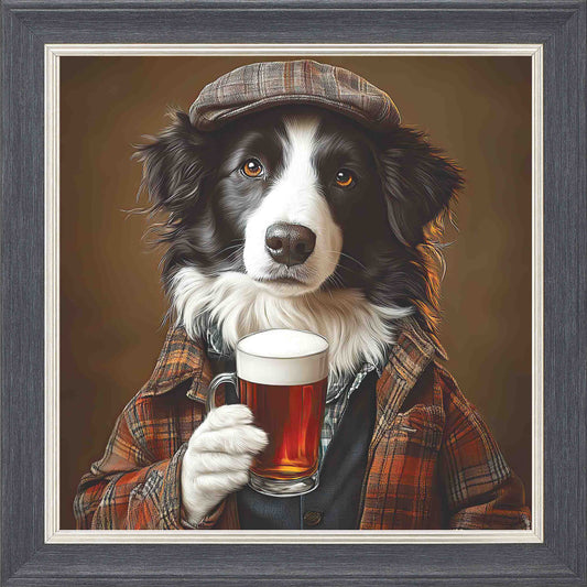 Border Collie Real Ale Framed Wall Art - Grey with Silver Trim
