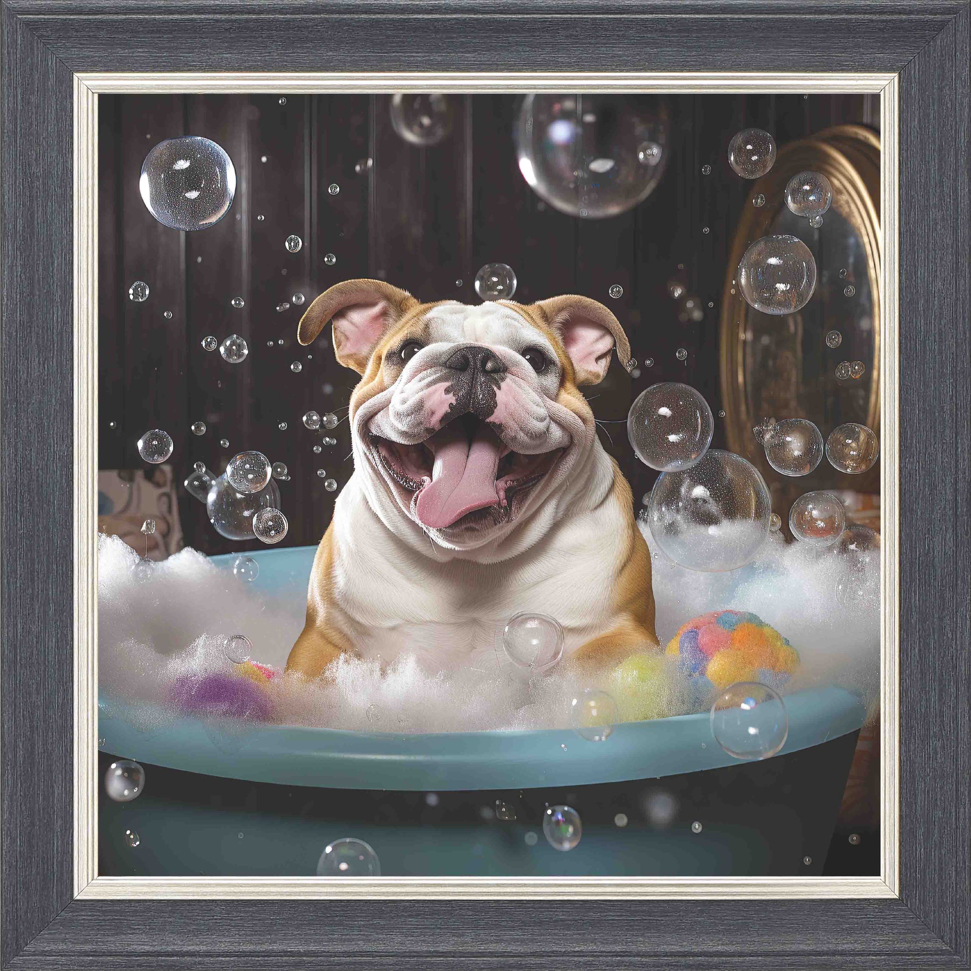 Bulldog Brown Bubble Bath Framed Wall Art - Grey with Silver Trim