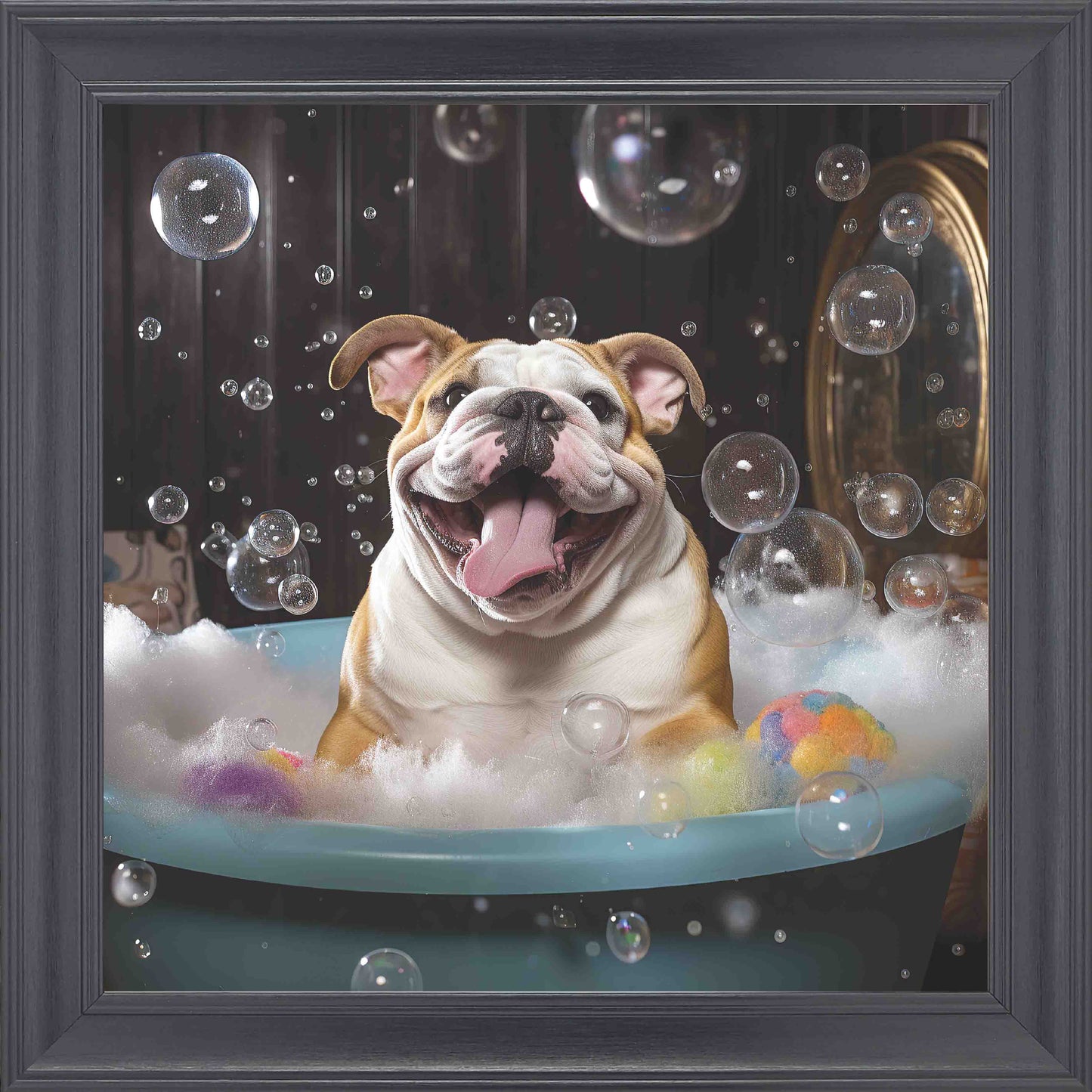 Bulldog Brown Bubble Bath Framed Wall Art - Black