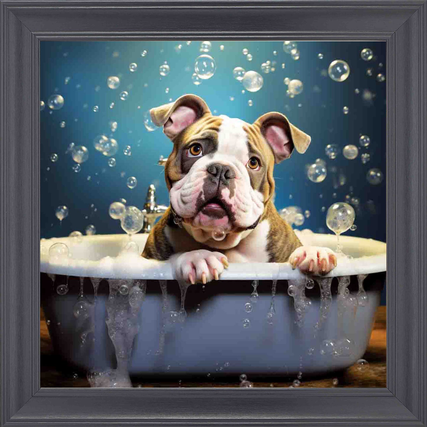 Bulldog Grey Bubble Bath Framed Wall Art - Black