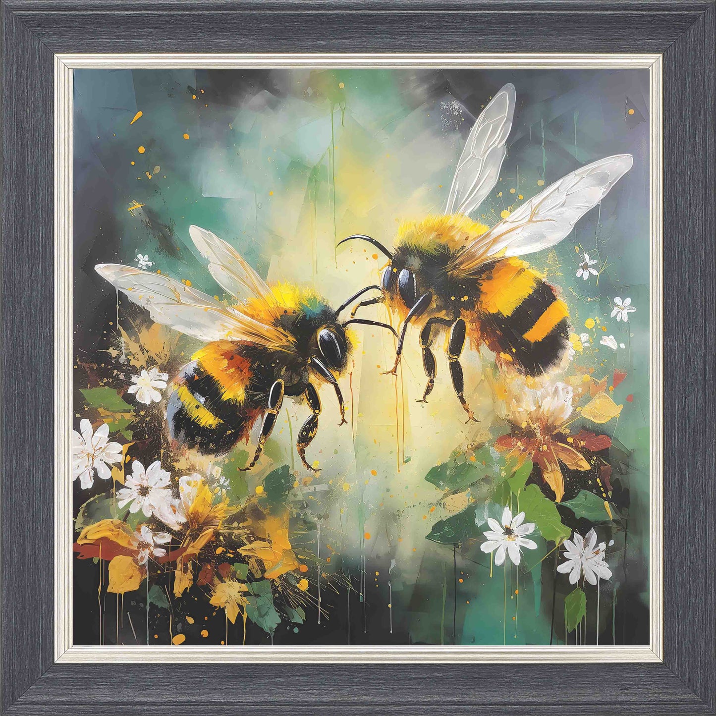 Bumble Bee Best Friends Yellow and Green Framed Wall Art - Grey with Silver Trim