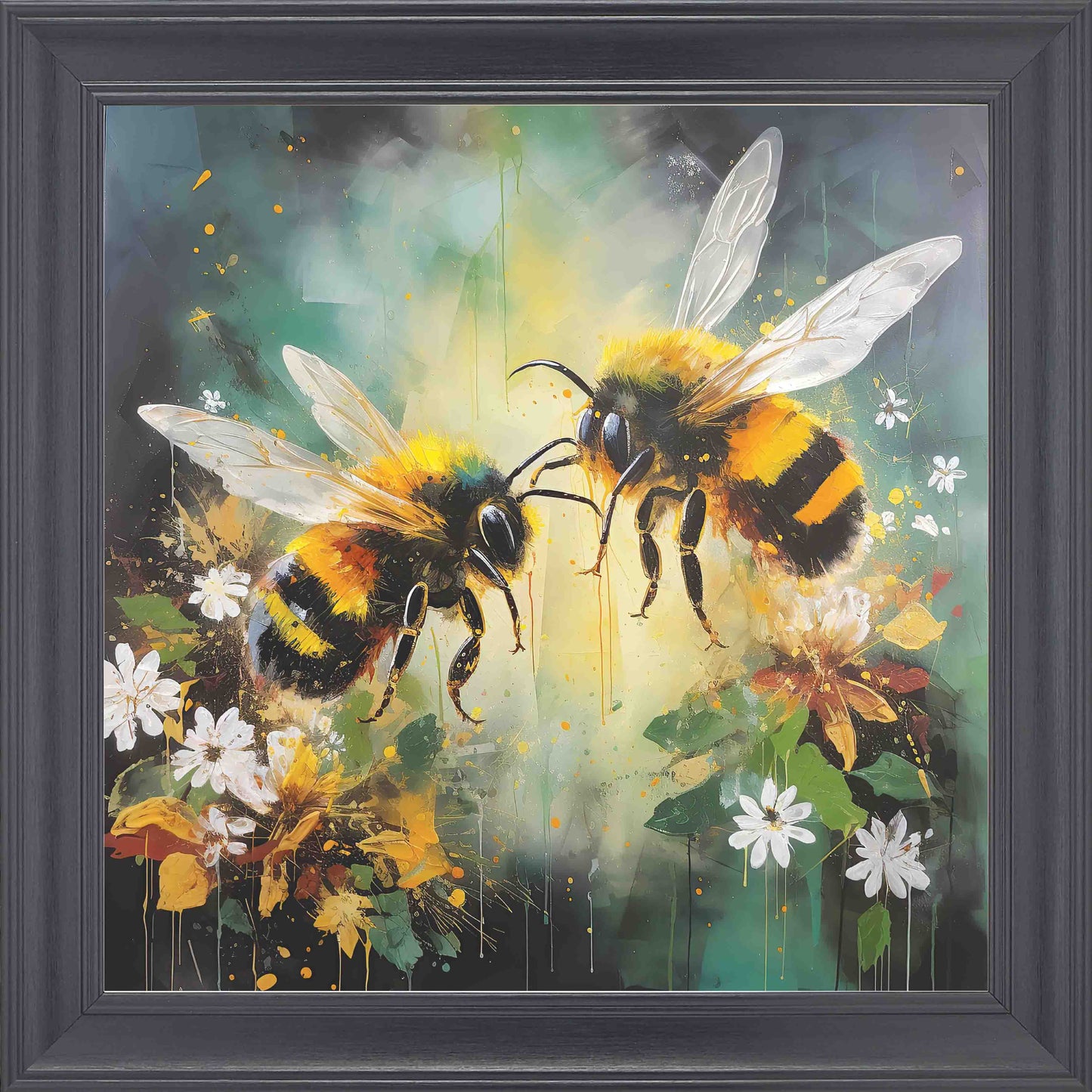 Bumble Bee Best Friends Yellow and Green Framed Wall Art - Black