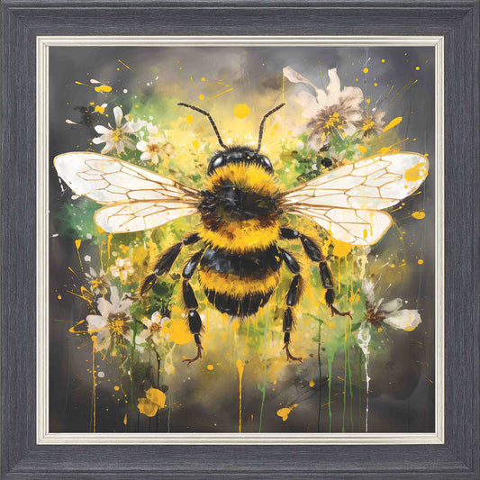 Bumble Bee Green and Yellow Framed Wall Art - Grey with Silver Trim