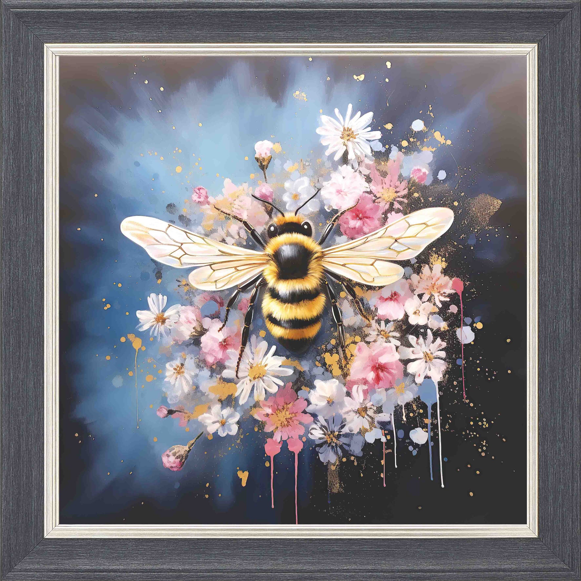 Bumble Bee Pink and White Framed Wall Art - Grey with Silver Trim