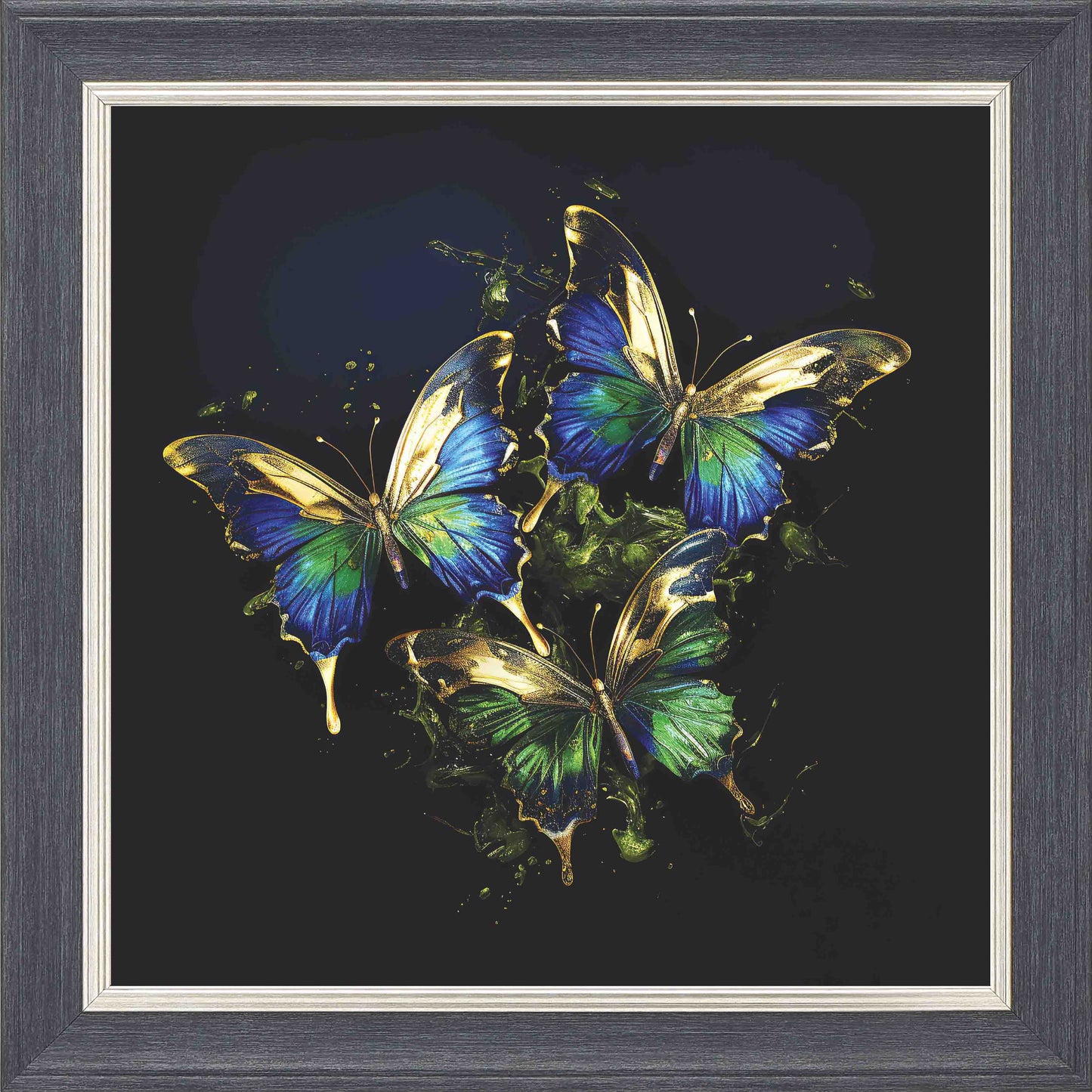 Butterflies Emerald and Gold Framed Wall Art - Grey with Silver Trim
