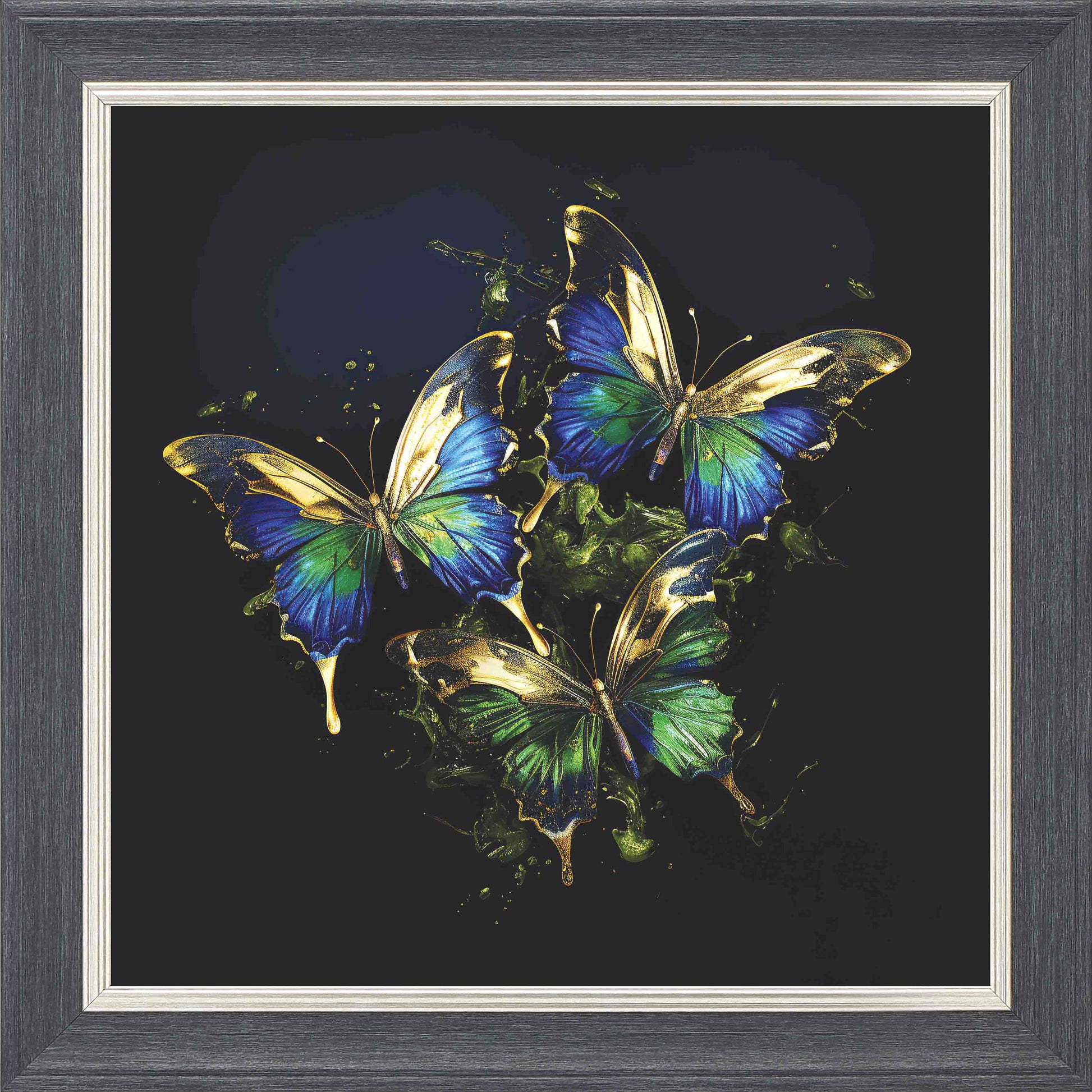 Butterflies Emerald and Gold Framed Wall Art - Grey with Silver Trim