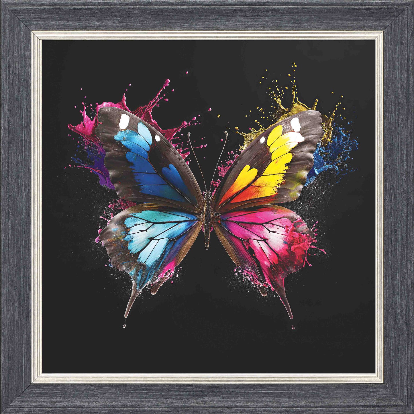 Butterfly Colour Splash Framed Wall Art - Grey with Silver Trim