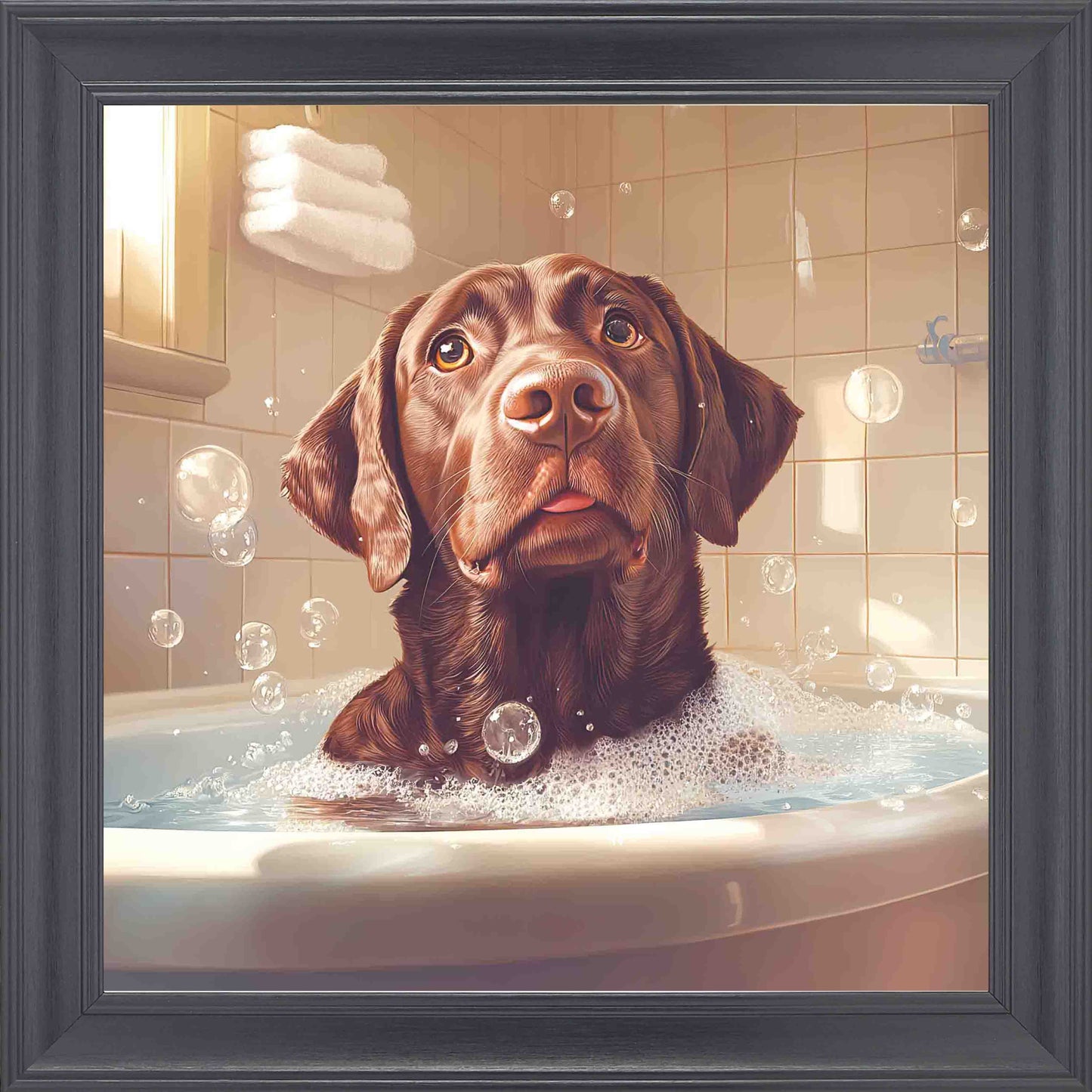 Chocolate Labrador Bubble Bath Framed Wall Art - Black
