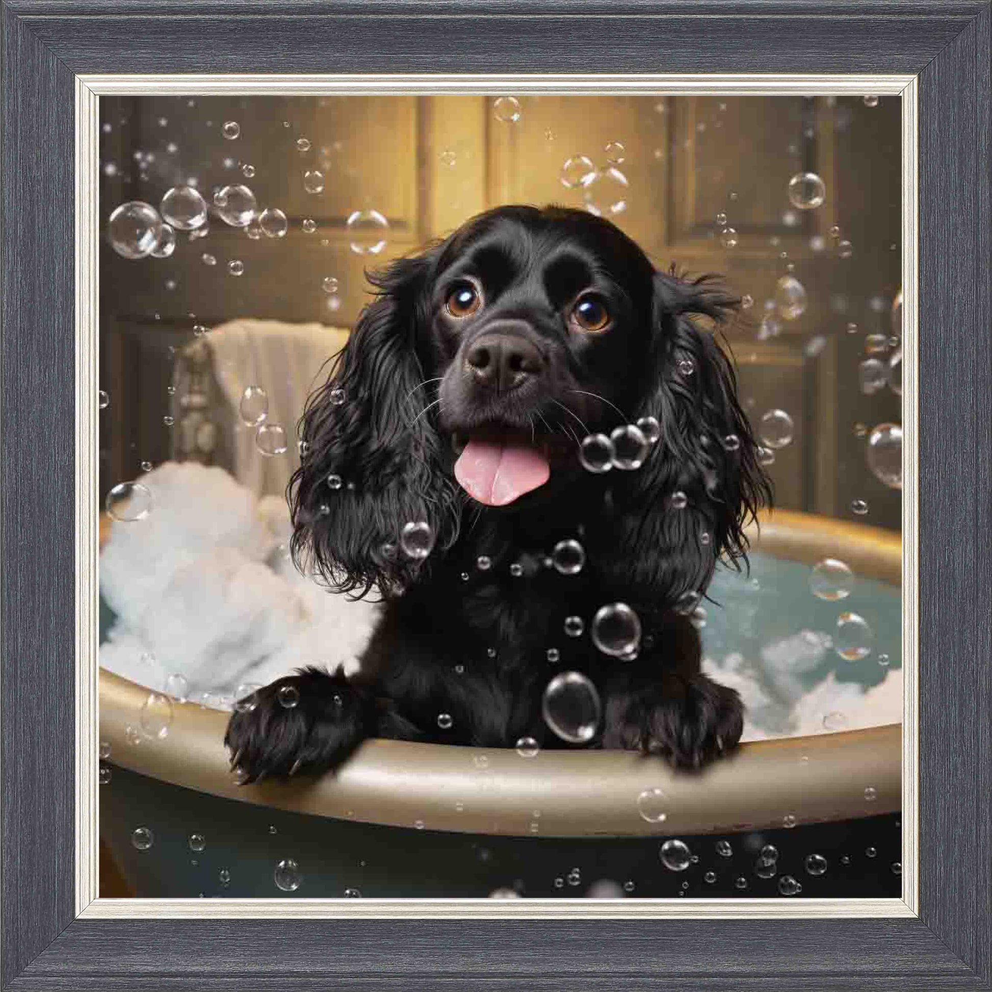 Cocker Spaniel Bubble Bath Framed Wall Art - Grey with Silver Trim