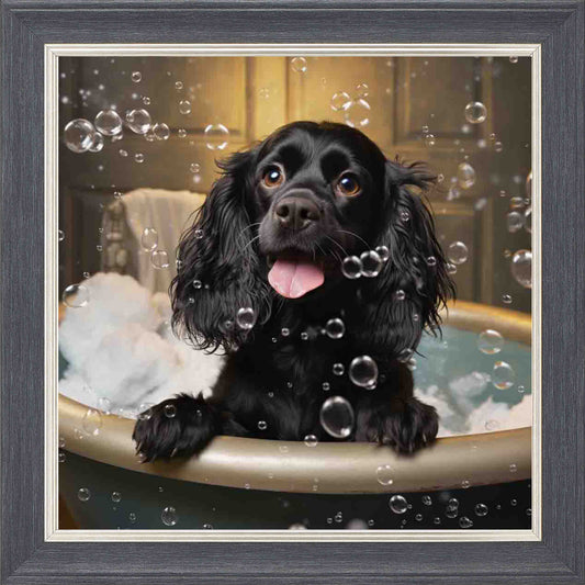 Cocker Spaniel Bubble Bath Framed Wall Art - Grey with Silver Trim