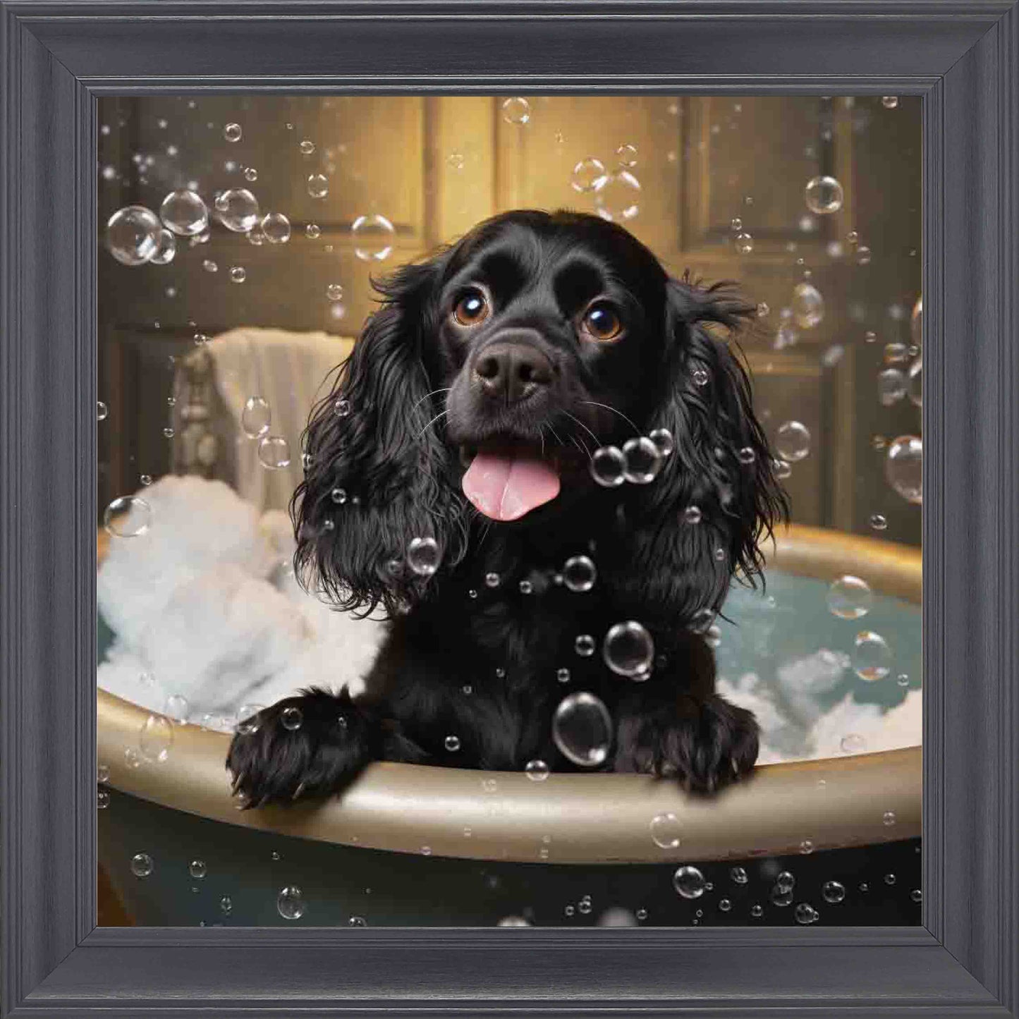 Cocker Spaniel Bubble Bath Framed Wall Art - Black