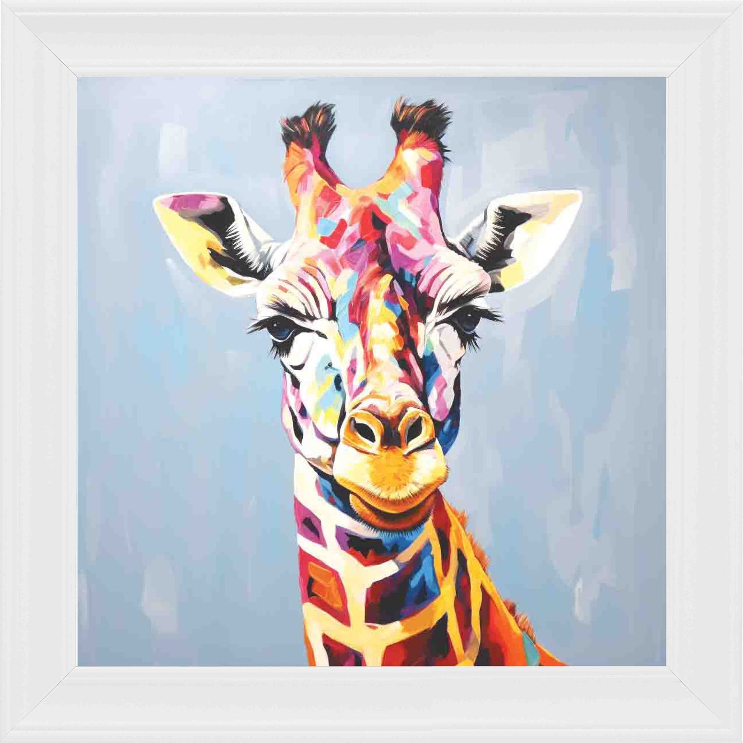Colourful Giraffe Grey Background Framed Wall Art - White