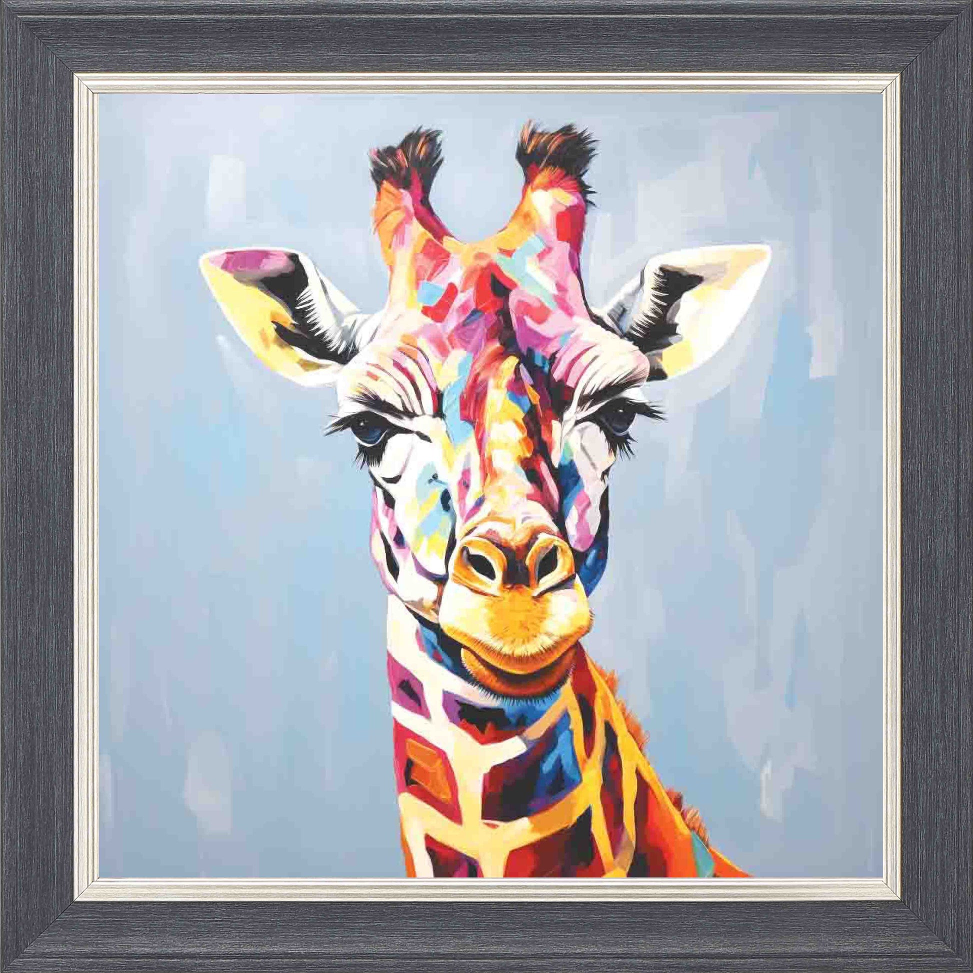 Colourful Giraffe Grey Background Framed Wall Art - Grey with Silver Trim