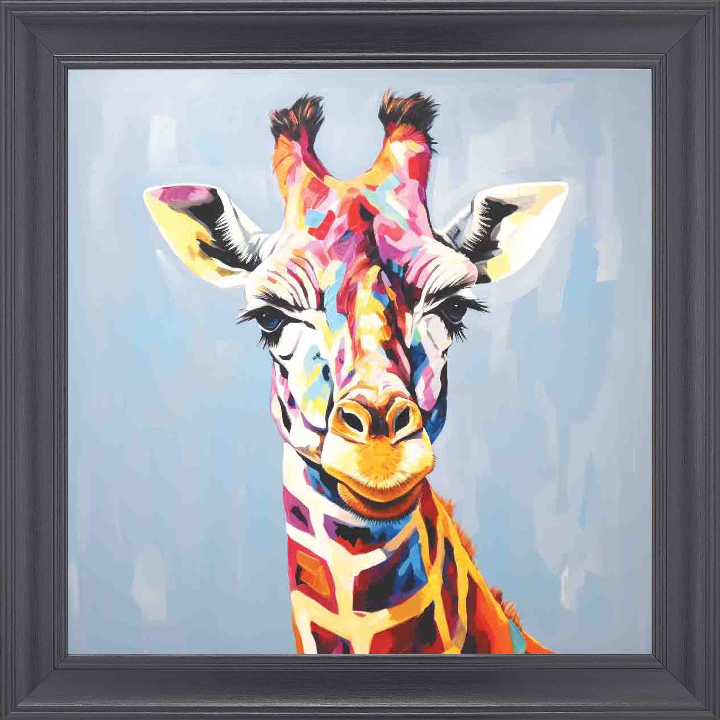 Colourful Giraffe Grey Background Framed Wall Art - Black
