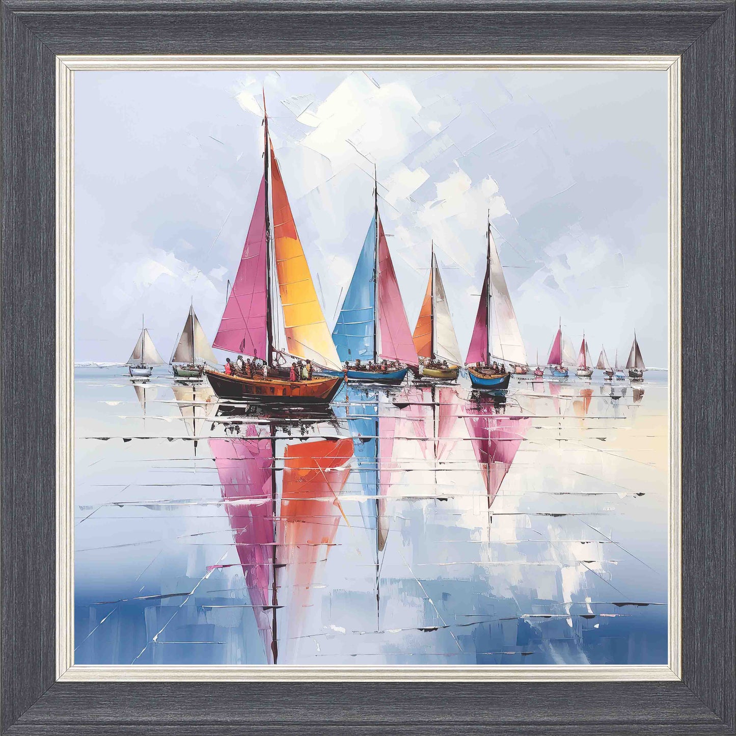 Colourful Regatta In watercolour Framed Wall Art - Grey with Silver Trim