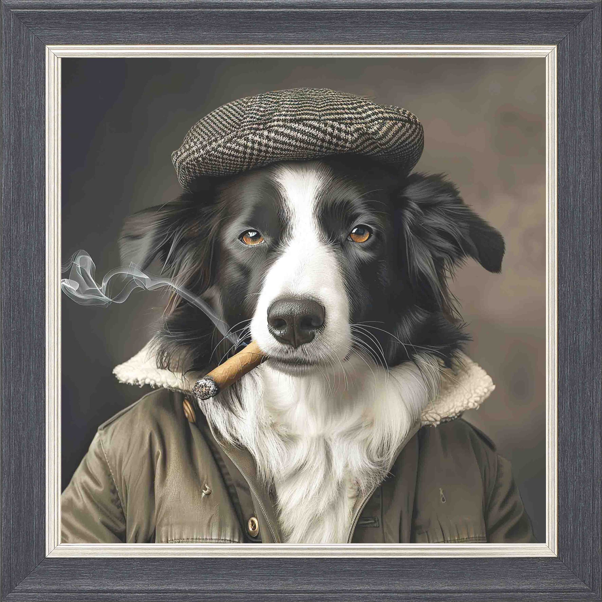 Country Black And White Border Collie Smoking Framed Wall Art - Grey with Silver Trim