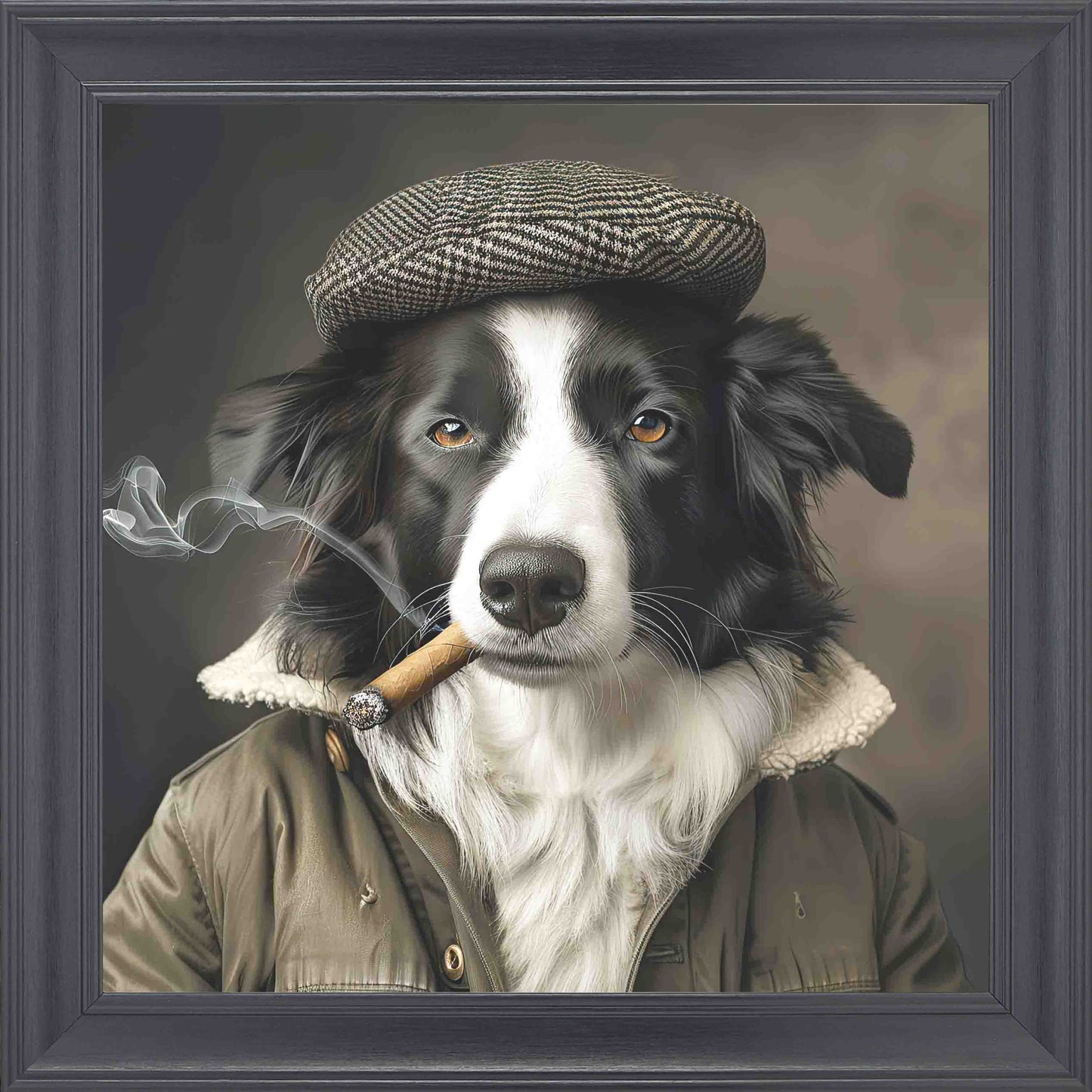 Country Black And White Border Collie Smoking Framed Wall Art - Black