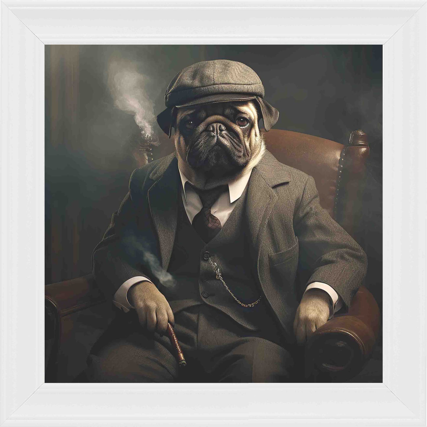 Country Pug Smoking Framed Wall Art - White