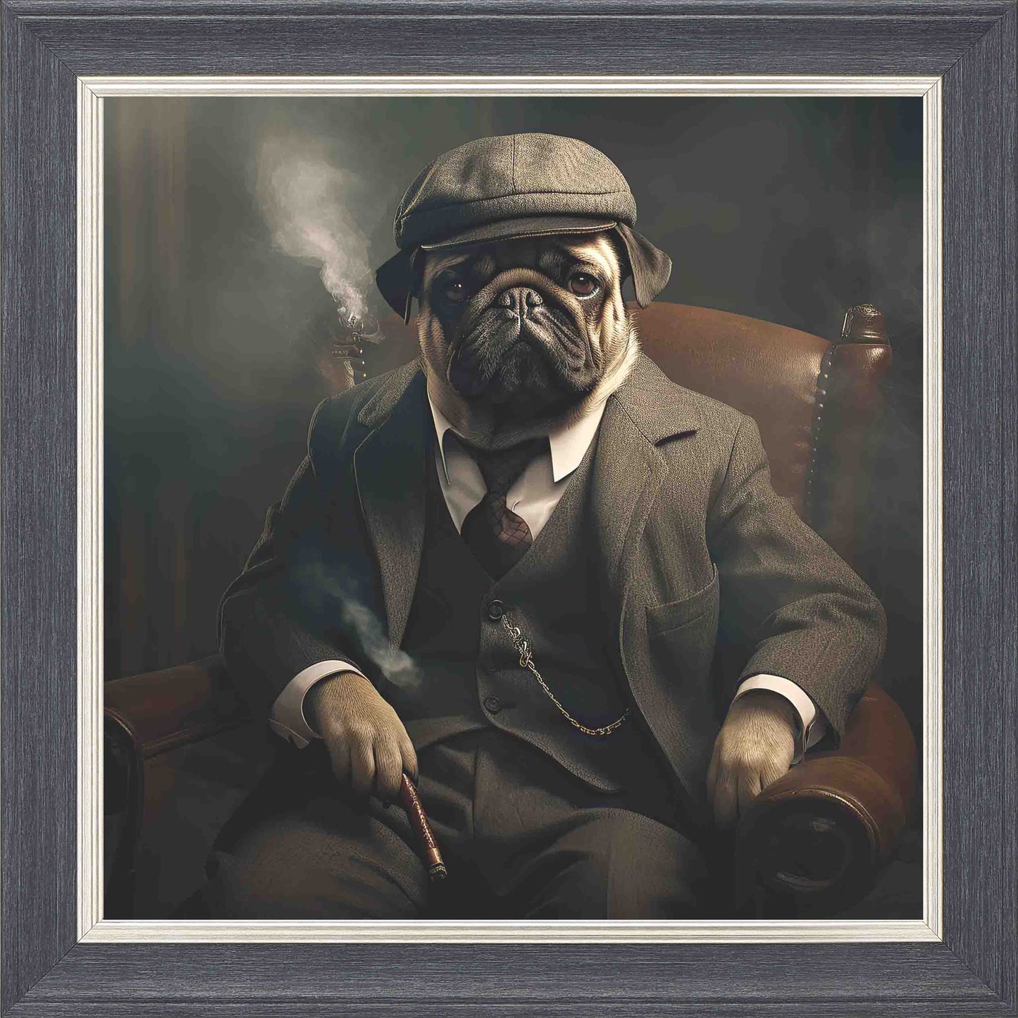 Country Pug Smoking Framed Wall Art - Grey with Silver Trim
