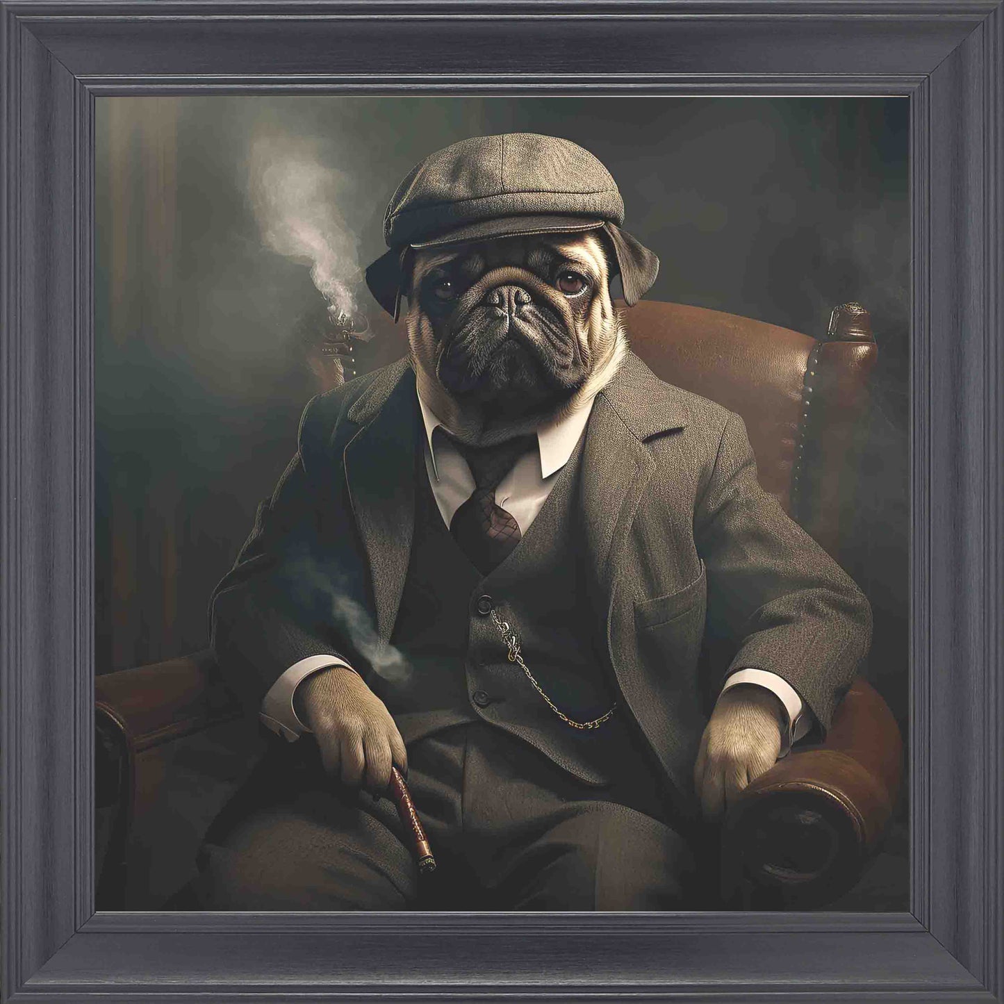 Country Pug Smoking Framed Wall Art - Black