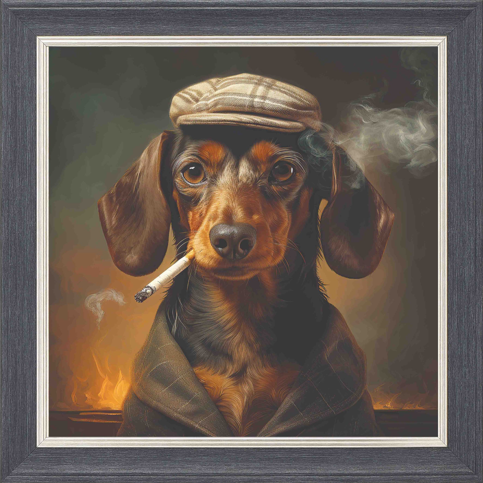 Country Sausage Smoking Framed Wall Art - Grey with Silver Trim