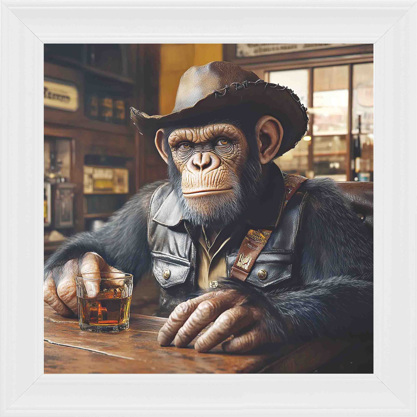 Cowboy Chimp Framed Wall Art - White